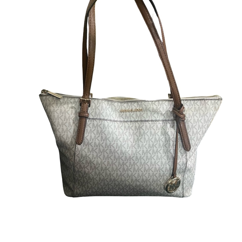 Michael Kors Signature Jet Set Tote – Vanilla MK Logo with Brown Leather Straps